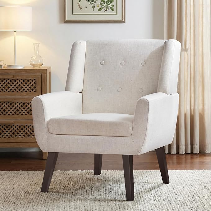 HUIMO Accent Chair Living Room Chair, Upholstered Button Tufted Armchair, Linen Fabric Sofa Chairs for Bedroom, Living Room, Mid-Century Modern Comfy Reading Chair (Beige)