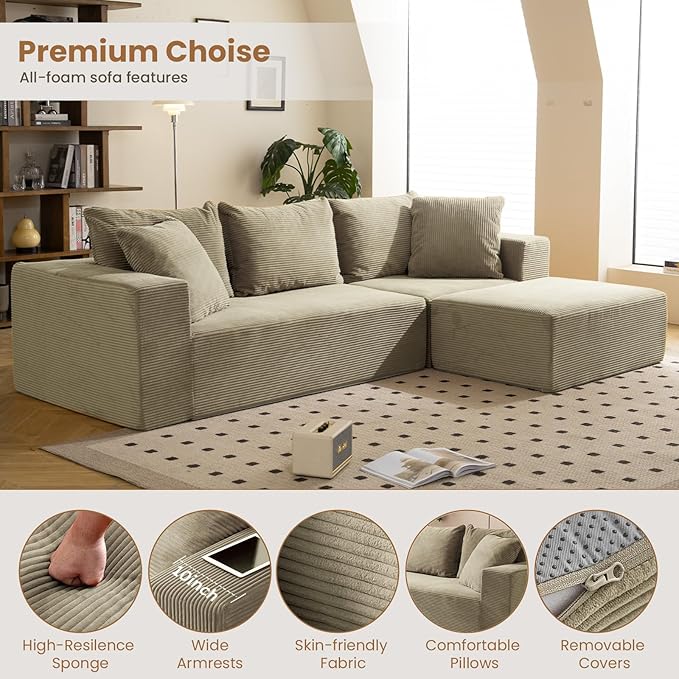 108" L-Shaped Boneless Couch, Modular Sectional Sofa with Moveable Ottoman, Corduroy Cloud Couches for Living Room, No Assembly, Ship in a Box, Camel