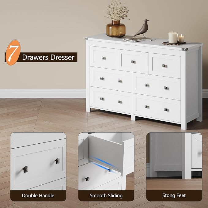 Dresser for Bedroom with 7 Drawers, Farmhouse Wood Chest of Drawers, Wide TV Stand Closet Storage Furniture with Metal Handle, Modern Clothes Organizer for Hallway, Living Room, Entryway, White - Image 5