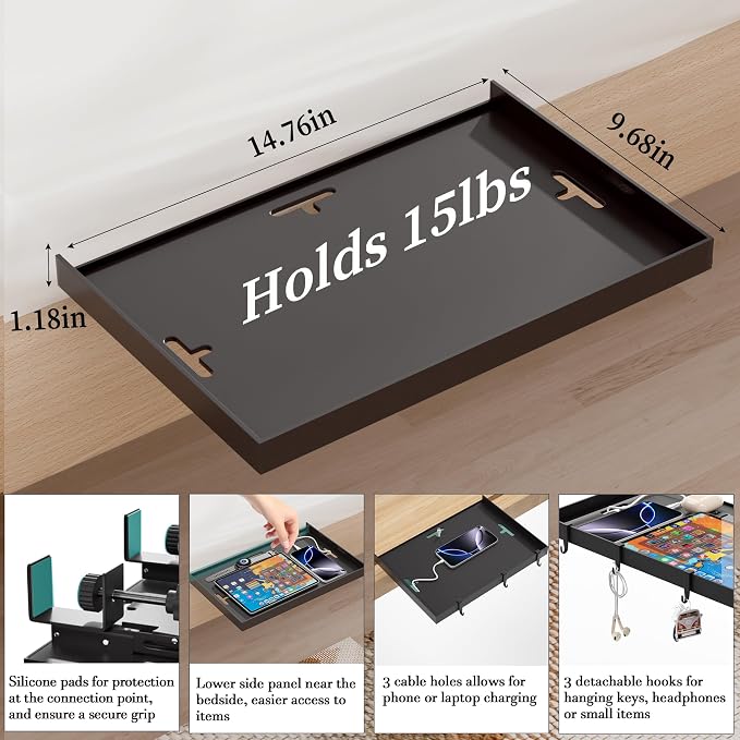 Foldable Bedside Shelf, Metal Clip-On Bed Tray Table for Bunk Bed & Dorm Beds, Dorm Room Essentials Organizer for College Students, Floating Tray, Space Saving Nightstand for Loft Beds (Black, Large) - Image 6