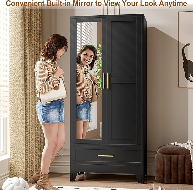 Metal Armoire Wardrobe Closet Storage Cabinet with Mirror Black, 71'' Wardrobe Cabinet with Hanging Rod Metal Closet with Adjustable Shelf and Drawer for Bedroom, Laundry Room, Cloak Room