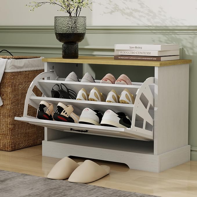 RASOO Grayish White Shoe Bench Cabinet 1 Flip Drawer Adjustable Shelf, Freestanding Space Saving Shoe Organizer for Entryway Hallway, 23.62" W×11.81" D×17.71" H by RASOOFurniture