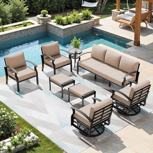 Patio Furniture Set 9-Seat Aluminum Armrest Sofa, Modern Outdoor Living Room Set with 2 Swivel Chairs, 5.1" Cushions, High Backrest & 2 Footstools, Backyard, Poolside - Sand