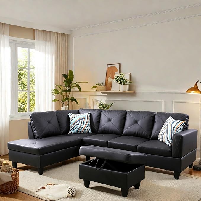 FONTOI L Shaped Sectional Couch with Otttoman, 97" Leather Sectional Sofa for Living Room Modular Couches with Cup Holders for Bedroom, Apartments, Black