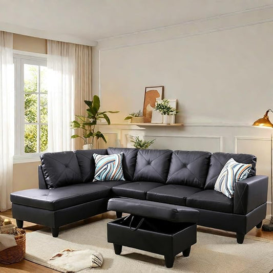 FONTOI L Shaped Sectional Couch with Otttoman, 97" Leather Sectional Sofa for Living Room Modular Couches with Cup Holders for Bedroom, Apartments, Black