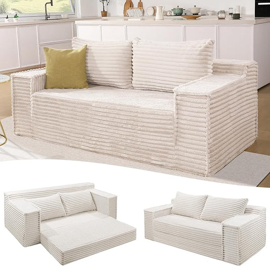 IDEALHOUSE 75 Inch Convertible Sofa Bed, Boneless Sleeper Sofa, 2 in 1 Folding Couch Bed with 2 Pillows, Pull Out Couch Bed, Loveseat Sofa for Living Room Bedroom, No Assembly, Beige