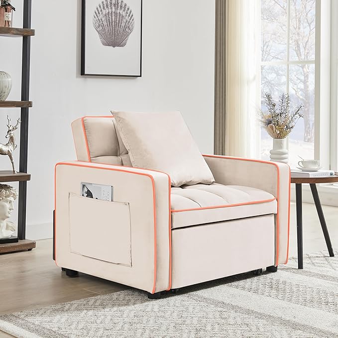 Convertible Sleeper Chair, Pull Out Chair Sleeper with Pillow, Chairs Bed Sleepers for Adults, 3 in 1 Sofa Bed Chairs for Small Spaces, Living Room, White