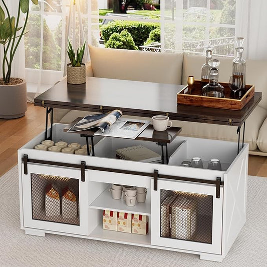 Upgraded Coffee Table with Lifting Top And Sliding Doors, Thick Panels, Industrial Metal Mesh Sides, Dual LED Accent Lights, Large Storage Center farmhouse square Table for Living Room, Cloud Drift