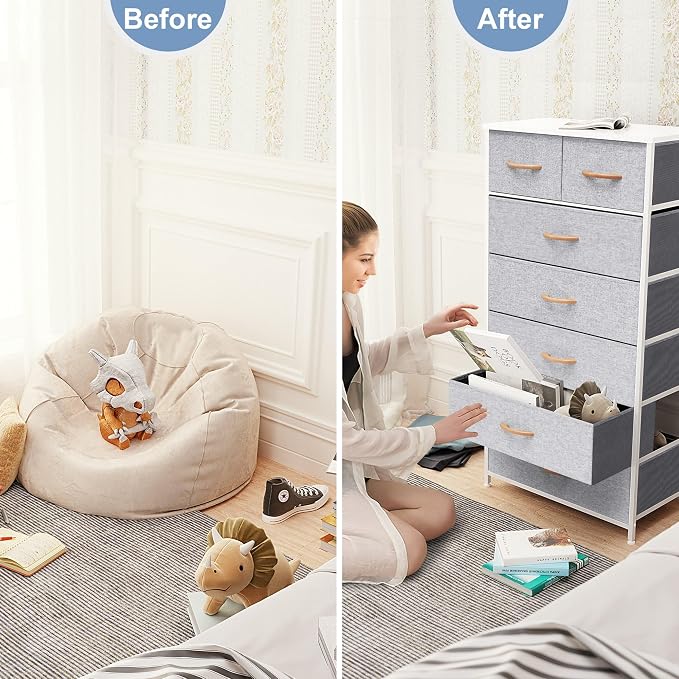 Crestlive Products Vertical Dresser Storage Tower - Sturdy Steel Frame, Wood Top, Easy Pull Fabric Bins, Wood Handles - Organizer Unit for Bedroom, Hallway, Entryway, Closets - 7 Drawers (Light Gray) - Image 4
