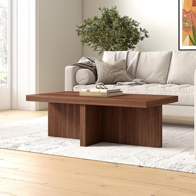 Henn&Hart 44" Rectangular Pedestal Low-Profile Coffee Table for Living Room, Family Room, or Office, Satin Walnut