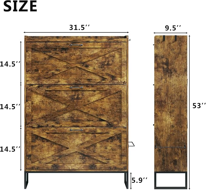 HUAHUU Shoe Cabinet with 3 Flip Drawers, Narrow Shoe Rack Cabinet, Freestanding Wood Shoe Cabinet, Farmhouse Shoe Storage Cabinets for Entryway, Hallway, Foyer, Rustic Brown - Image 2