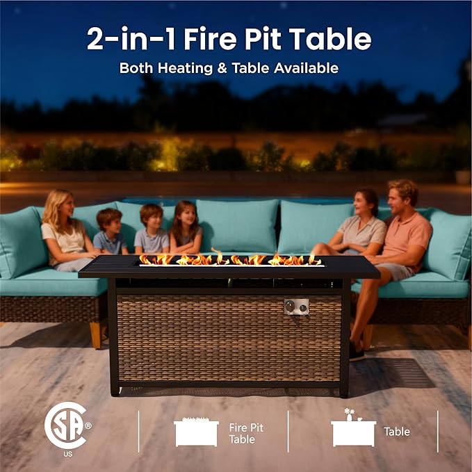 PHI VILLA Half-Moon Patio Furniture Set with 56" Fire Pit Table, 8-Piece Wicker Outdoor Curved Sectional Sofa, Large Conversation Seating for Garden or Backyard, Aqua Blue