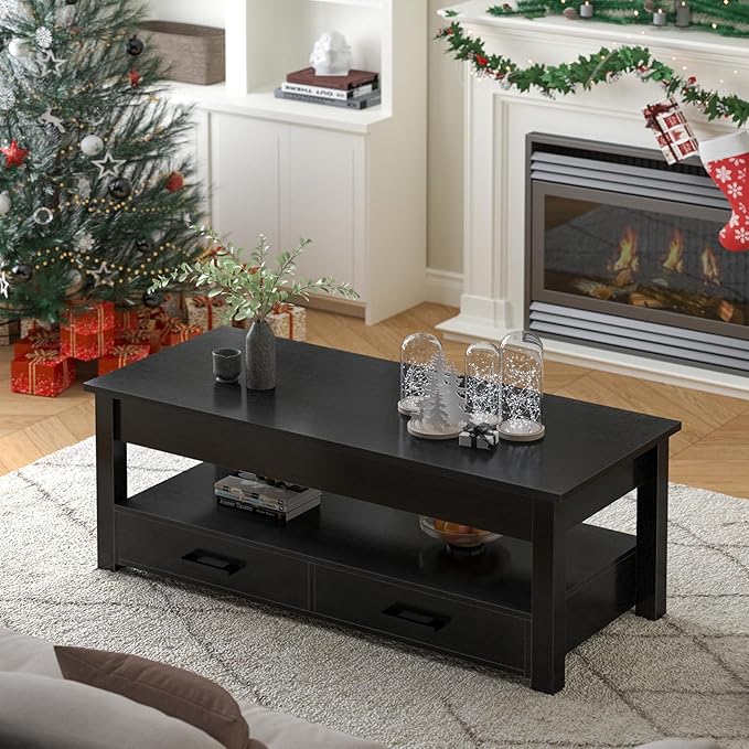 FABATO 41.7'' Lift Top Coffee Table with 2 Storage Drawer Hidden Compartment Open Storage Shelf for Living Room Folding Wood End Table, Black