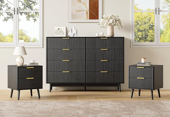 LYNSOM Fluted Dresser and Nightstand Set, 3 Pieces Bedroom Set, 55 Inch Wide 8-Drawer Dresser & 2-Drawer Nightstands Set of 2, Modern Dressers Set for Bedroom, Hallway, Black
