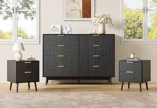 LYNSOM Fluted Dresser and Nightstand Set, 3 Pieces Bedroom Set, 55 Inch Wide 8-Drawer Dresser & 2-Drawer Nightstands Set of 2, Modern Dressers Set for Bedroom, Hallway, Black