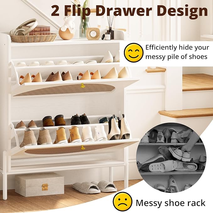 IRONCK Shoe Cabinet Storage with 2 Flip Drawers, Free Standing Wooden Shoe Storage Organizer Cabinet with Rattan Doors for Entryway, Narrow Shoe Rack Cabinet, White - Image 7