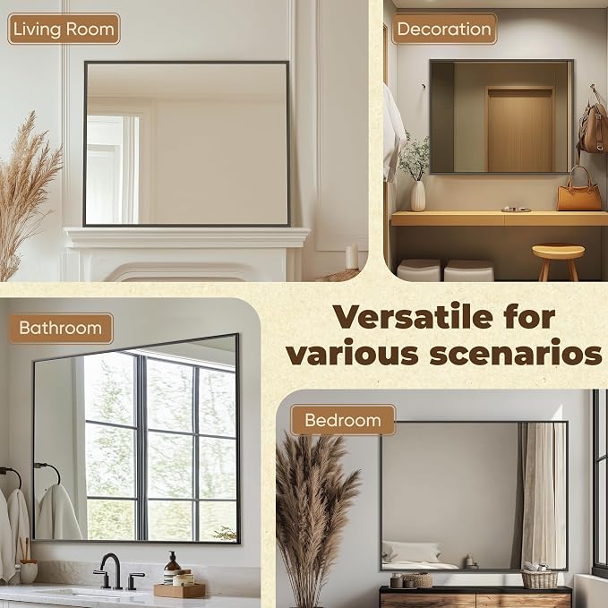 Antok 36x36 Black Metal Framed Bathroom Mirror, Wall Mirror with Rect Corners, Vanity Mirror for Over Sink, Anti-Rust Tempered Glass, Horizontal/Vertical Hanging for Bathroom, Living Room, Entryway - Image 5