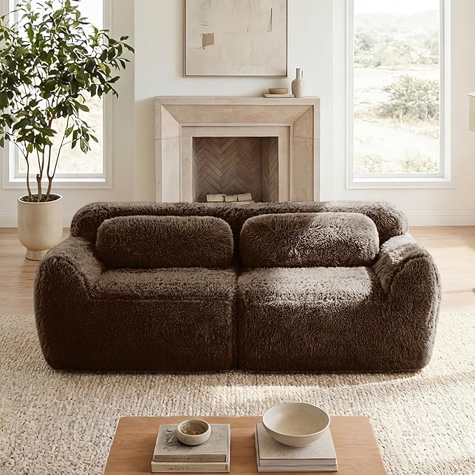 80.4-Inch Boneless Love Seat Couches in a Box, Modern 2 Seat Floor Modular Foam Cloud Sofa Faux Fur Loveseat Couch W/Angle Armrests for Home Apartments Bedroom