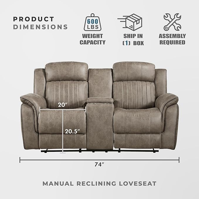 Lexicon 74" W Manual Double Reclining Loveseat with Center Console, Polished Microfiber Recliner Loveseat, Pillow Top Arms, for Living Room, Easy Assembly, Sandy Brown