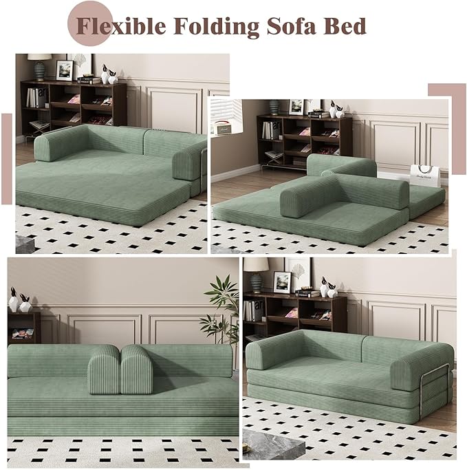 Convertible Corduroy Sleeper Sofa Bed,Folding Mattress Couch with Fixed-Shape Frame, 3 Seater Fold Out King Size Futon,No Assembly Floor Couch for Living Room Dorm Studio 78.7*39.4*29.6 Inch Green