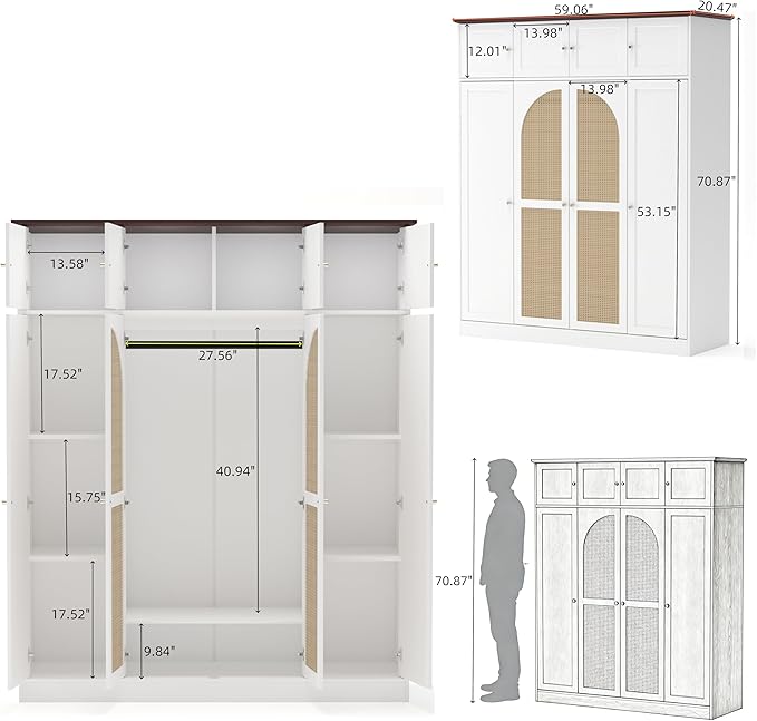 KEIKI Large 8 Doors Wood Wardrobe, Bedroom Tall Armoire Closet Organizer w/Rattan Decorative, Hanging Rails & Adjustable Shelves Clothes Storage Cabinet for Garage & Laundry Room, White