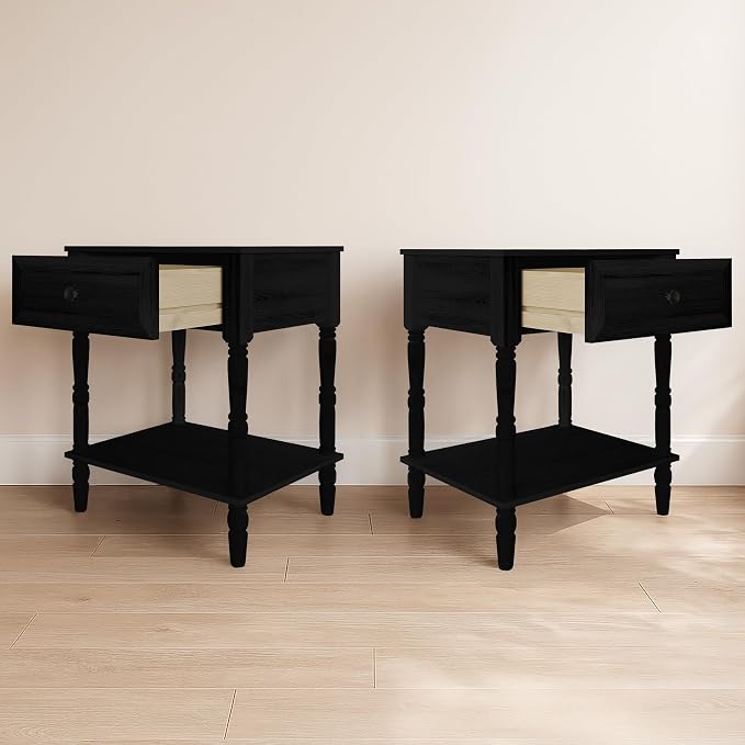 HOME DESIGN Ruston One Drawer Nightstand Set of 2, Black, Spacious Drawer and Open Lower Shelf, Modern Bedroom Furniture - Image 3