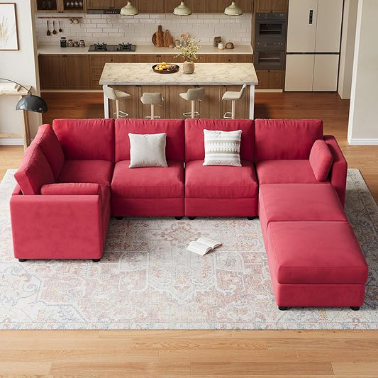 GAOMON Oversized Modular Sectional Sofa, 7 Seater Sectional Couch, 138" U Shaped Sofa with Movable Ottoman, Convertible Modular Couch for Living Room Apartment and Office, Chenille Red