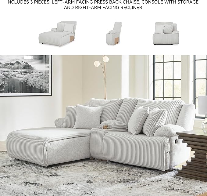 Signature Design by Ashley Top Tier Casual L-Shaped Left-Arm Facing 3-Piece Reclining Sectional Sofa with Chaise, Console Storage and 4 Accent Pillows, White