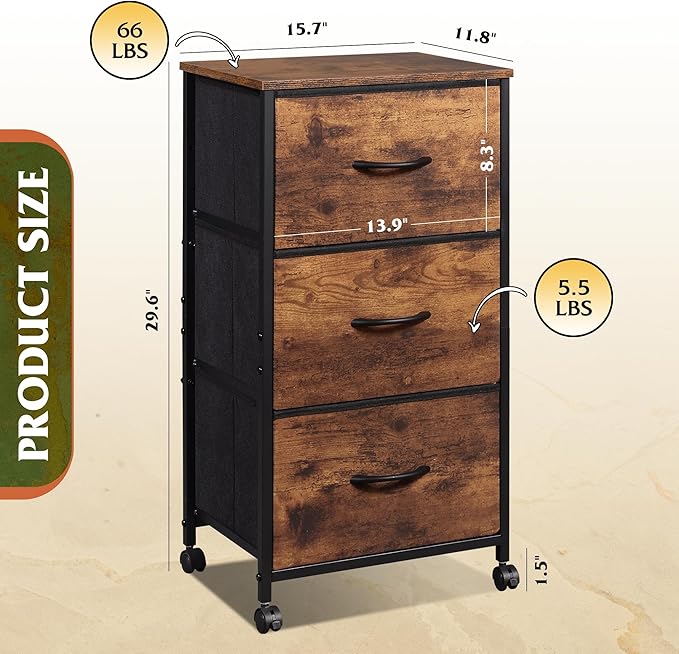 WLIVE Dresser with 3 Drawers, Fabric Nightstand, Cabinet with Wheels, Organizer Storage Dresser for Bedroom, Office, Closets, Sturdy Steel Frame, Easy Pull Handle, Rustic Brown Wood Grain Print - Image 3
