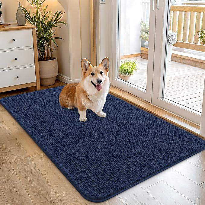 OLANLY Dog Door Mat for Muddy Paws 45x27, Absorbs Moisture and Dirt, Absorbent Non-Slip Washable Doormat, Quick Dry Chenille Mud Mat for Dogs, Entry Indoor Entryway Carpet for Inside Floor, Dark Blue by OLANLY
