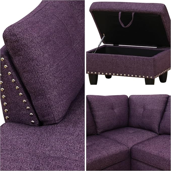 L-Shaped Sectional Sofa with Movable Chaise & Storage Ottoman, Lounge 3-Piece Modular Convertible Couches for Living Room, Apartment & Office, Deep Purple