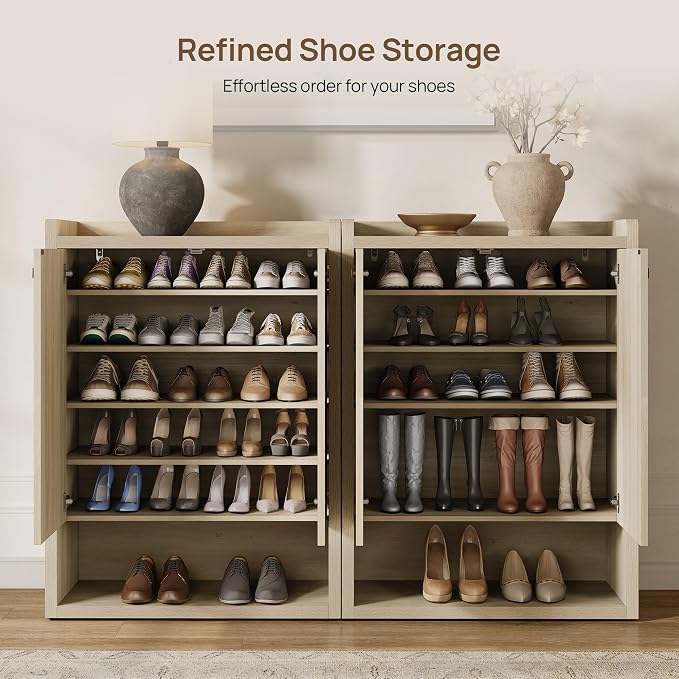 SICOTAS Shoe Cabinet Storage for Entryway - 48-Pair Shoe Cabinets with Doors and Adjustable Shelves, Farmhouse Large 7-Tier Shoes Storage Cabinet for Mudroom Closet Hallway, Grey White Oak, 2PCS - Image 5