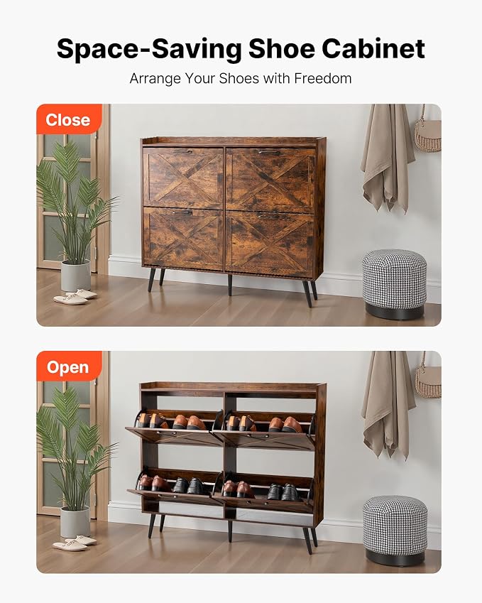 VEVOR Shoe Cabinet with 4 Flip Drawers, Farmhouse Shoes Storage Cabinet with Wood Legs and Anti-Tipping Device, Freestanding Shoe Organizer Ideal for Entryway, Hallway, Bedroom, Living Room, Brown - Image 6