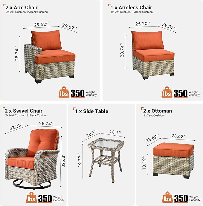 ovios 8 Piece Patio Sectional Furniture with Swivel Rocking Chairs, Rattan Wicker Coversation Set with Glowing Coffee Table, Outdoor Sofa Set for Outside Porch Balcony Backyard Pool, Orange
