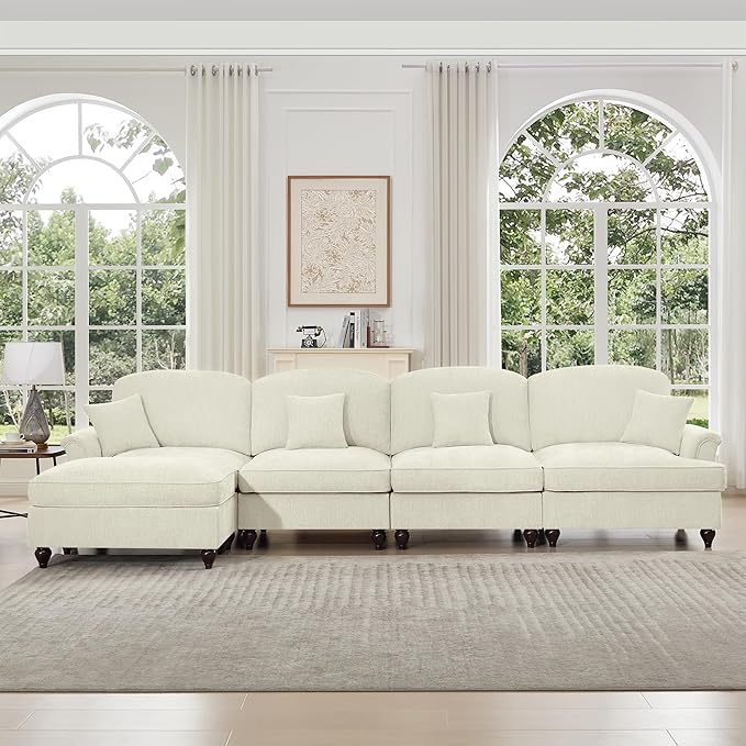KEIKI Mid Century Modular Sofa with Flared Arms and Skirted Design, 137“ Oversized 4-Seater Luxury with Ottoman Chenille L-Shaped Sectional Couches for Living Room, Chaise Lounge Indoor, Beige White