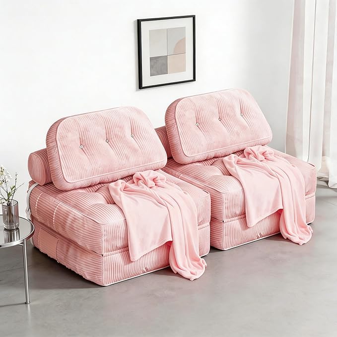 Folding Sofa Bed, Flannel Futon Couch Bed with Pillow and Blanket, Convertible Sleeper Chair for Living Room Bedroom (Two Pink)
