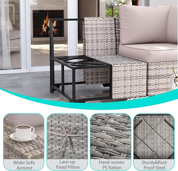 10-Piece Outdoor Patio Furniture Set with Swivel Rocking Chair, Outdoor Sectional Sofa with 55,000 BTU Fire Pit Table PE Wicker Rattan Patio Conversation Set with Coffee Table, Khaki