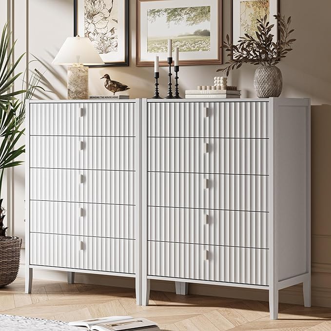 MAISONARIA 3-Piece Dresser Bedroom Set, 5 Drawer Dresser & 2 Drawer Nightstands with Metal Handles, Fluted Wood Chest of Drawers for Bedroom, Living Room, Entryway, White