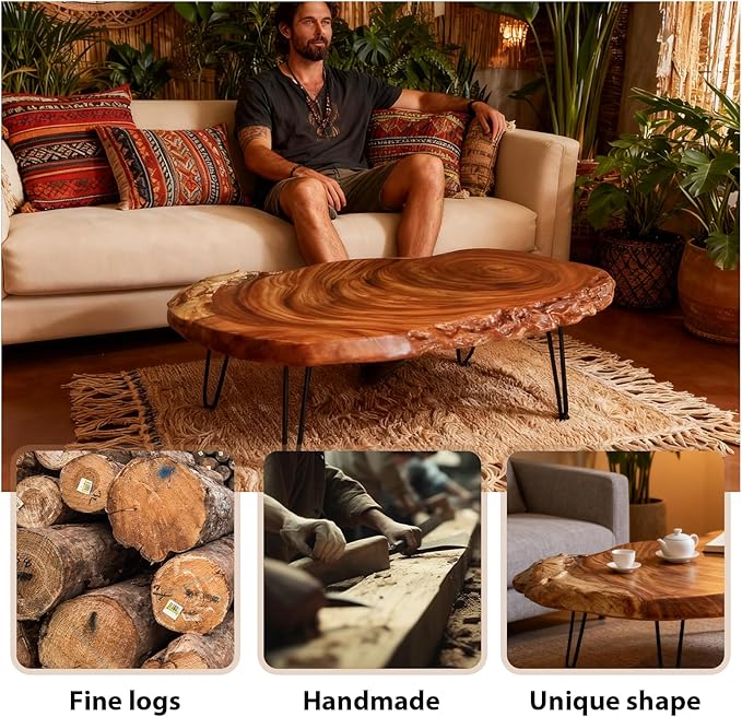 Live Edge Natural Wood Coffee Table - Handmade Center Table for Living Room, Rustic Modern Farmhouse & Contemporary Organic Design with Metal Hairpin Legs (Walnut, Brown)