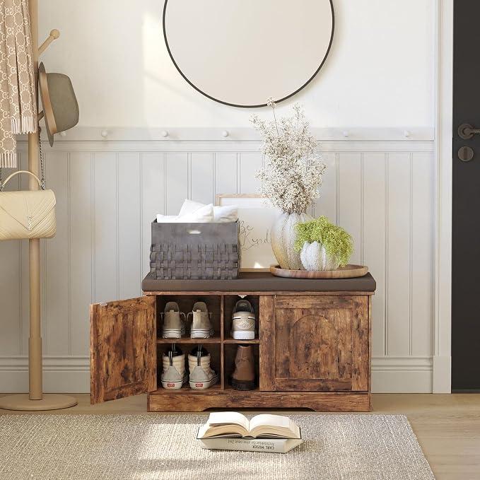 DINZI LVJ Shoe Bench, Entryway Storage Bench with Doors, Cushion, 2-Tier Shoe Rack with 6-Cubby, 31.5”L x 13.8”W Shoe Organizer Cabinet, Adjustable Shelf, Living Room, Bedroom, Rustic Brown - Image 8