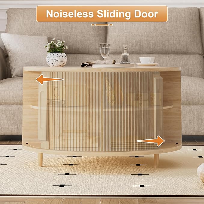 Round Lift Top Coffee Table, 31.5" Fluted Wood Lift Up Center Table with Sliding Door & Hidden Storage – Mid Century Modern Circle Coffee Table for Living Room, Apartmentm, Home Office (Natural)