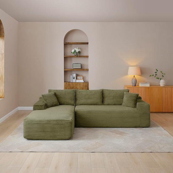 105-Inch L-Shaped Left Facing Corner Compressed Sofa Modular Sectional Boneless Cloud Sofa Floor Foam Couch with Chaise Lounge, Corduroy Corner Boneless Cloud Couch