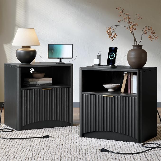 Evermagin Fluted Nightstand Set of 2 with Charging Station, Black Bedside Table with Drawer and Storage, Wood End Table Mid Century Modern, Large Night Stand for Bedroom by Evermagin