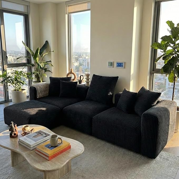 Acanva Corduroy Convertible Modular L Shaped Sectional Sofa, 4 Seater Free Combination Corner Couch, Convertible to DayBed, Wide Loveseat with Moveable Ottomans for Small Spaces, Sleeper Bed, Black