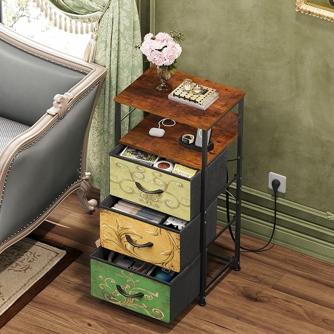 WLIVE Nightstand with Charging Station, 31.9" H Nightstand with 3 Fabric Drawers, LED Bedside Table with USB Ports and Outlets, End Table for Dorm, Bedroom, Entryway, Floral Painted - Image 6