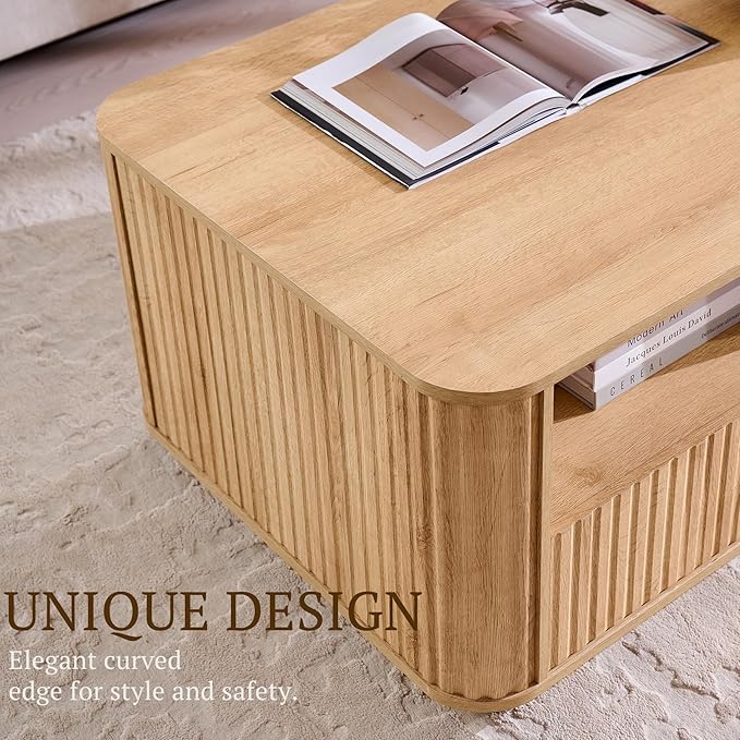 ACCOHOHO 51" Fluted Coffee Table with Storage, Large Modern Center Table with 2 Drawers, Rectangle Wood Coffee Table for Living Room
