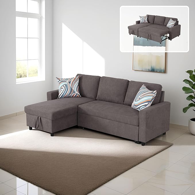 83" L-Shape Pull Out Sleeper Sofa Bed with Storage Chaise, 2 Pieces Sectional Couch Bed with Back Cushion for Living Room,Apartment,Office - Dark Brown