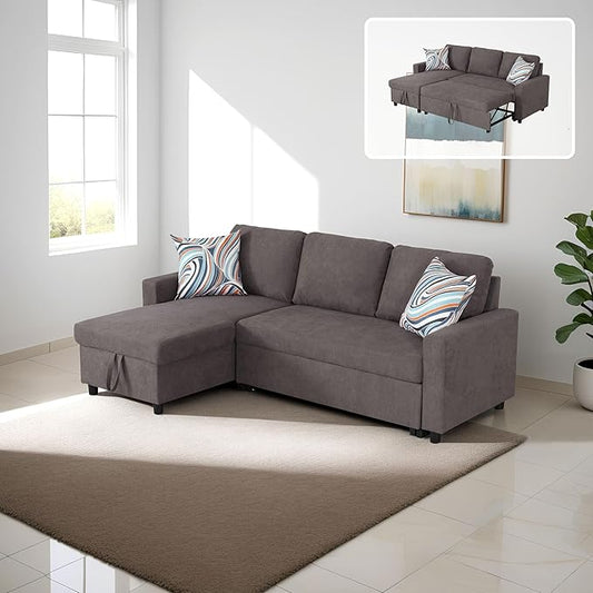 83" L-Shape Pull Out Sleeper Sofa Bed with Storage Chaise, 2 Pieces Sectional Couch Bed with Back Cushion for Living Room,Apartment,Office - Dark Brown