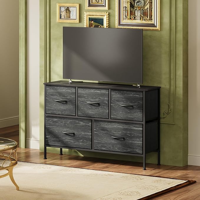 WLIVE Dresser for Bedroom with 5 Drawers, Long Storage Dresser, Fabric Dressers, Storage Drawer Unit with Fabric Bins for Closet, Hallway, Charcoal Black Wood Grain Print, Size L - Image 2