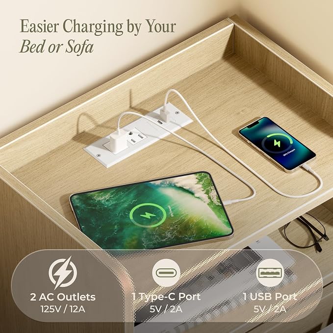 Huuger Nightstand with Charging Station, USB-C Port, Fluted Night Stand with Drawer, Bed Side Table with Solid Wood Feet, Open Storage, End Table with Raised Edge, for Bedroom, Natural - Image 3